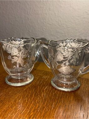 Vintage Poppy Glass Creamer and Sugar Set Silver Overlay